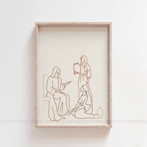 Jesus in the house of Mary and Martha | Christian Wall Art | Religious Modern Art | Bible Verse Illustration | Beige Christian Decor