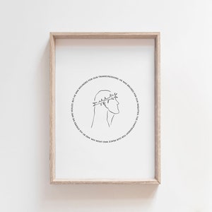Impresión de Isaías 53:5 / Arte mural de Pascua / Decoración de Pascua / Regalo de Pascua / Letrero de Pascua / Tarjeta de Pascua / Arte cristiano imprimible / Arte lineal de Jesús
