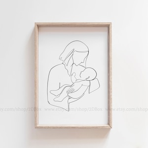 Arte lineal de madre y bebé / Dibujo de madre y recién nacido / Regalo del Día de la Madre / Decoración de baby shower / Decoración de habitación de bebé / Arte de pared / Arte imprimible