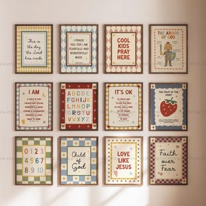 May include: A collection of framed art prints with inspirational quotes and religious themes. The prints feature various designs, including the alphabet, numbers, and phrases like "Cool Kids Pray Here" and "Love Like Jesus."