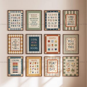 Puede incluir: Un conjunto de doce láminas rectangulares dispuestas en cuadrícula, con temas educativos como el alfabeto, números, días de la semana, formas, colores, frutas y estaciones, enmarcadas en madera oscura con variados patrones coloridos.