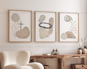 Neutral Christian Home Decor | Boho Christian Wall Art | Abstract Religious Prints | Chrown of thorns Poster | Cross and Tomb of Christ Art