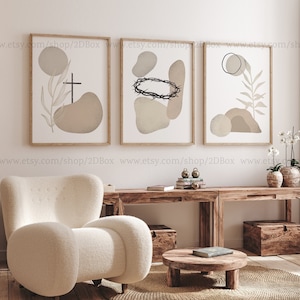 Neutrales christliches Wohnkultur | Boho christliche Wandkunst | Abstrakte religiöse Drucke | Dornenkrone Poster | Kreuz und Grab Christi Kunst