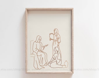 Jesus in the house of Mary and Martha | Christian Wall Art | Religious Modern Art | Bible Verse Illustration | Beige Christian Decor