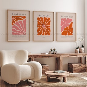 Psalms Collection, Set of 3 Colorful Christian Prints, Orange and Pink Christian Posters, Modern Christian Decor, Christian Flower Prints