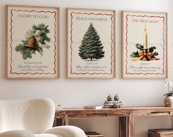 Christian Christmas Wall Art Set Vintage Rustic Scripture Prints Bible verse Christmas Wall art Glory to God Peace on Earth Christmas Poster