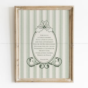 Perché un bambino è nato per noi, versetto della Bibbia, decorazione da parete, arte rustica vintage, stampa natalizia festiva cristiana, verde, decorazione natalizia religiosa per la casa.