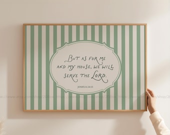 Bible Verse Wall Art Joshua 24:15 Scripture Sign Vintage Green Stripe Christian Print Entryway Housewarming Family Gift As for and my house
