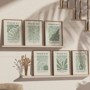 Psalms Collection, Set of 6 Christian Prints, Pastel Green Christian Posters, Modern Christian Decor, Christian Matisse Flower Prints