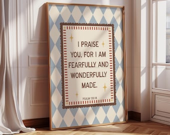 Fearfully and Wonderfully Made Print Boho Christian Wall Art Psalm 139:14 Bible Verse Quote Neutral Blue Childrens Room Decor for Boys