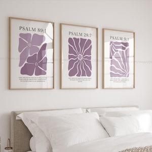 Conjunto de 3 láminas cristianas moradas de la colección Salmos, pósteres cristianos en tonos lavanda, decoración cristiana moderna, láminas cristianas de flores moradas