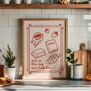 Christian Kitchen Print Give Us This Day Our Daily Bread Red Line Art Scripture Poster Breakfast Bible Verse Wall Art for Farmhouse or Cafe