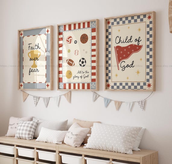 Colorful Christian Sports Art Christian Playroom Decor Kids Christian Wall Art Cute Bible Verse Sports Posters Faith over Fear Child of God