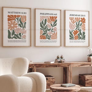 Bible Verse Floral Prints Set of 3 Boho Abstract Minimalist Terracotta Christian Printable Wall Art for Home Decor Scripture Flower Prints