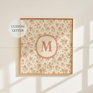 Custom Floral Initial Wall Art Square Blush Rose Nursery Print Personalized Letter Decor for Baby Girl Vintage Cottagecore Farmhouse Art