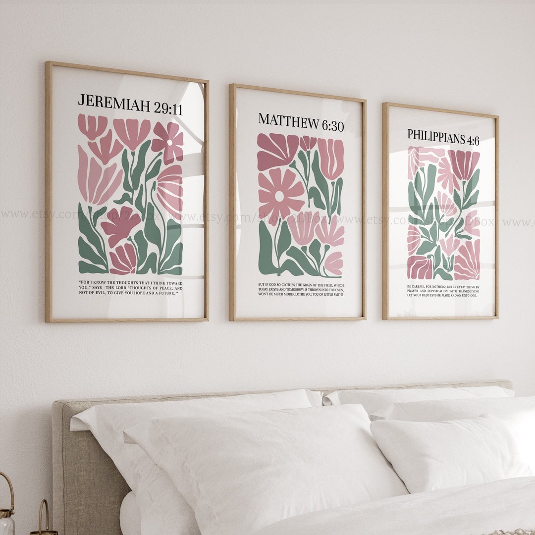 Christian Floral Prints Set of 3 Abstract Minimalist Pink Bible Verse ...
