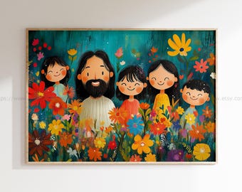 Colorful Jesus with Happy Children Painting Colorful Christian Kids Room Decor Sunday School Wall Art Playroom Decor Jesus loves the little