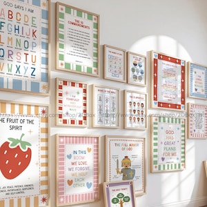 May include: A collection of framed art prints with inspirational and religious themes. The prints feature colorful designs, including the alphabet, the Ten Commandments, Bible verses, and illustrations. The frames are light wood.