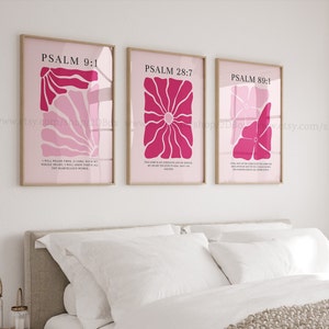 Collection Psaumes, lot de 3 affiches chrétiennes roses, affiches chrétiennes rose pâle, décoration chrétienne moderne rose vif, impressions fleurs chrétiennes