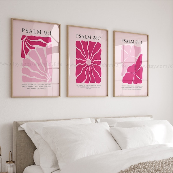 Psalmencollectie, set van 3 roze christelijke prints, zachtroze christelijke posters, felroze moderne christelijke decor, christelijke bloemenprints