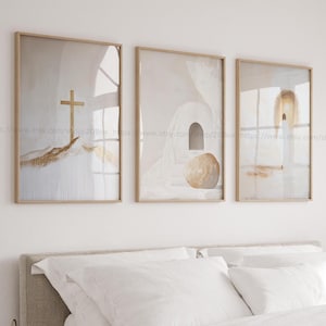 Modern Christian Wall Art Gold and Beige for Living Room He is Risen Wall Art Gold and White Cross Sign Minimalist Christian Decor Set of 3