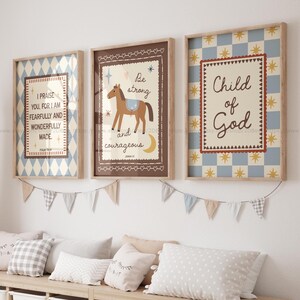 Christian Kids Wall Art Set Boho Neutral Bible Verse Prints Child of God, Be Strong and Courageous, Fearfully Wonderfully Made Nursery Decor