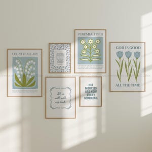 Floral Christian Bible Verse Wall Art Set Pastel Scripture Prints Botanical Faith Inspired Decor in Blue and Green Elegant Preppy Aesthetic