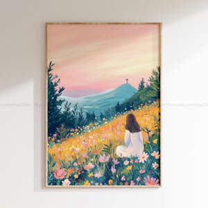 Rustic Jesus Painting Woman at the Cross Christian Artwork Colorful Watercolor Jesus Art Vibrant Jesus Painting Blue Pink Cross Modern Art
