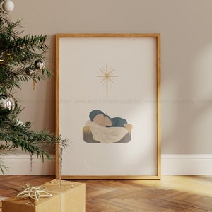 Niño Jesús en el pesebre, Impresión en acuarela del belén, Tarjetas navideñas religiosas, Decoración navideña bohemia cristiana, Tarjetas navideñas para iglesias