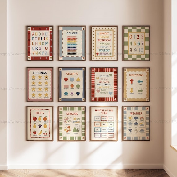 Toddler Learning Posters Set Montessori Poster Homeschool Decor Preschool Classroom Decor Colorful ABC Numbers Colors Days Months Weather