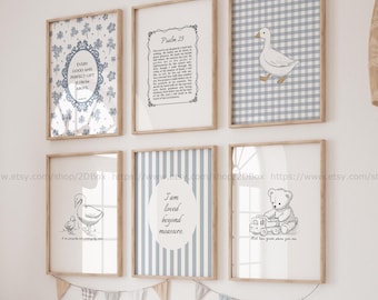 Baby Boy Bible Theme Nursery Decor Set Sky Blue Scripture Nursery Prints Goose Kids Room Decor CottageCore Christian Blue Nursery Duck Theme