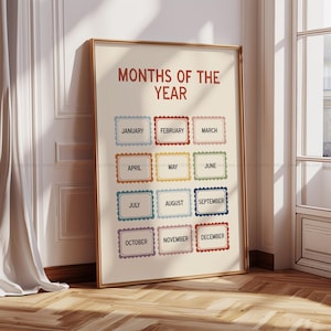 May include: A framed poster titled "MONTHS OF THE YEAR" with each month displayed in a decorative frame. The poster has a cream background with the months in various colors, including blue, red, and green. The frame is gold.