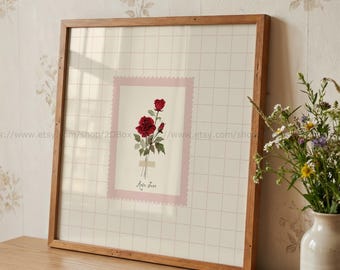 Birth Month Flower June Birth Flower Red Rose Wall Art Cottagecore Art Farmhouse Floral Art
