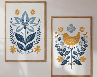 Bibel-Vers-Drucke 2er-Set Minimalistisches christliches Dekor Marineblau und Gelbgold Christliche Wandkunst Schauen Sie sich die Vögel an Betrachten Sie die Lilien