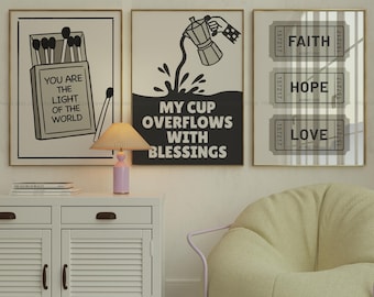 Set of 3 Christian Quote Print Modern Youth Retro Christian Wall Art Aesthetic Gray Dorm Room Decor Neutral Modern Christian Home Decor
