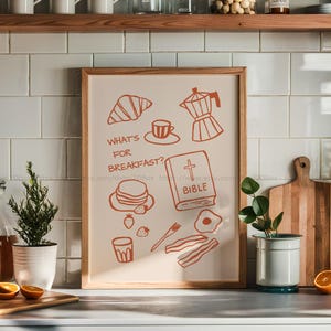 Christian Breakfast Print Bible and Brunch Line Art Minimalist Faith-Based Kitchen Wall Decor Scripture Modern Retro Poster for Dining Room