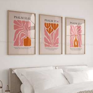 Ensemble de 3 estampes chrétiennes colorées, collection de psaumes, affiches chrétiennes orange et rose, décoration chrétienne moderne, impressions de fleurs chrétiennes