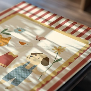 May include: A decorative mat featuring a whimsical illustration of a dog in blue overalls, a cat, a duck, and a butterfly. The border has a scalloped edge with a red and white striped pattern.