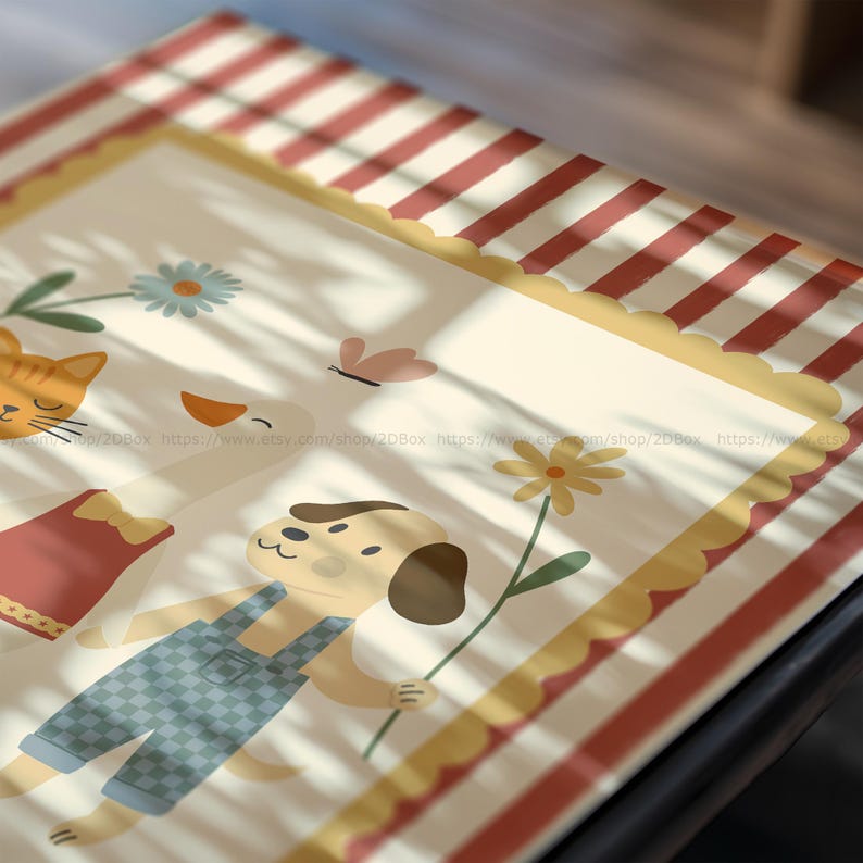 May include: A decorative mat featuring a whimsical illustration of a dog in blue overalls, a cat, a duck, and a butterfly. The border has a scalloped edge with a red and white striped pattern.