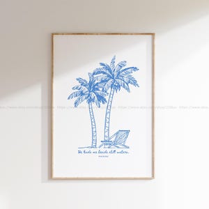 Peut inclure: Un dessin au trait bleu de deux palmiers avec une chaise longue devant eux. Le texte "He leads me beside still waters. Psalm 23:2" est sous l'image.