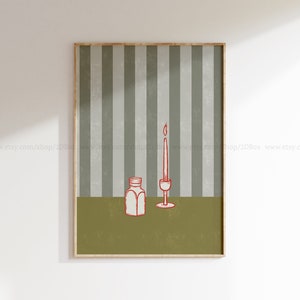 May include: A digital illustration of a candle and a bottle on a green striped background. The candle is red and has a flame. The bottle is clear and has a red lid. The background is a light green with white stripes.
