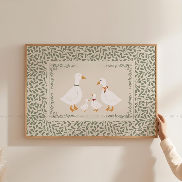 Sage grüne Gans Familie Wand Kunst Bauernhaus Tier Kinderzimmer Druck gemütliche Vintage Kinderzimmer Dekor Cottagecore Ente Druck Kinder Spielzimmer druckbar