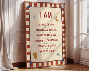 Soy un hijo de Dios, versículos bíblicos para imprimir, afirmaciones para niños, guarderías y habitaciones infantiles, decoración cristiana para niños, arte mural para ministerio infantil.