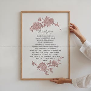 The Lord’s Prayer Wall Art Christian Home Decor Soft Pink Bible Verse Print Cottagecore Floral Art Vintage Faith Poster Scripture Wall Decor