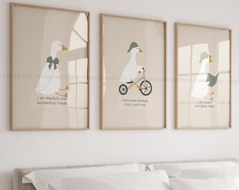 Christian Nursery Wall Art Set Neutral Goose Prints with Bible Verses Christian Room Aesthetic for Baby Boy Animal Prints with Faith Quotes