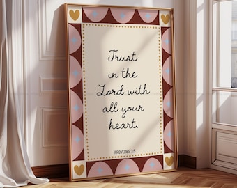Proverbs 3:5 Trust in the Lord Faith Poster Christian Teen Art Whimsical Kids Christian Art Pink and Brown
