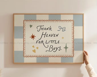 Thank Heaven for Little Boys Horizontal Nursery Print Blue Vintage Baby Boy Wall Art Retro Kids Room Decor Christian Baby Gift
