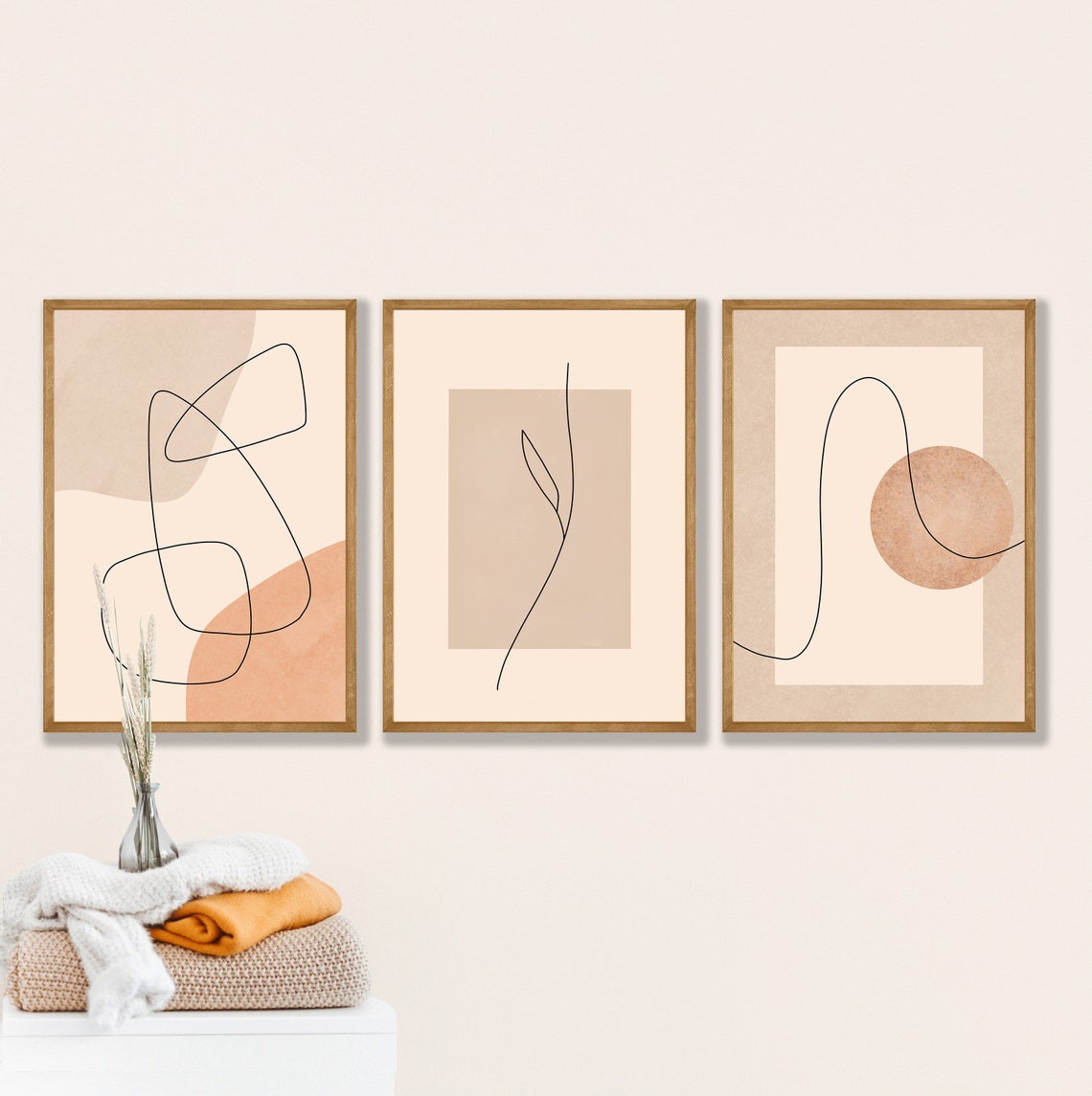 Set of 3 Abstract Prints Beige Wall Decor Modern Etsy