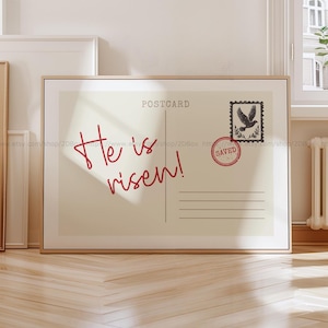 Postal con el mensaje "Él ha resucitado", decoración estética de moda cristiana, letra, versículo bíblico, tarjeta con escritura de Pascua, letrero de Pascua, decoración de Pascua para iglesia