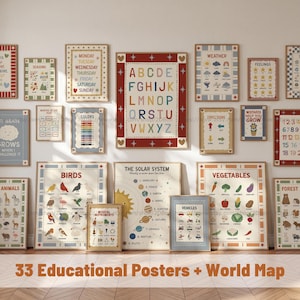 Può includere: Una collezione di trentatré poster educativi con vari temi tra cui l'alfabeto, il sistema solare, uccelli, verdure, animali, meteo e giorni della settimana, disposti in una griglia con illustrazioni colorate e testo.